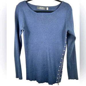 HKR Collections jersey knit sweater, L, blue, crewneck, studded, zipper detail